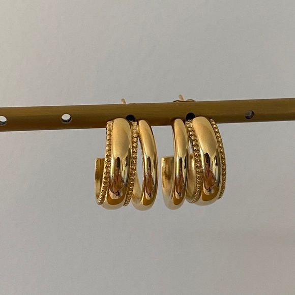 18K Gold Plated Double Hoop Beaded Milgrain Earrings - Picture 2 of 9